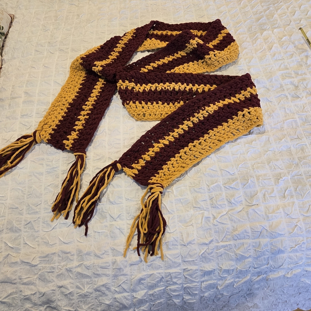 Handmade Oversized Crochet Scarf – 106" x 8" – Mustard & Eggplant – Extra Plush